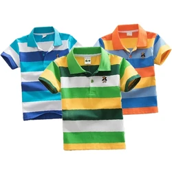 Boys Stripe T-shirt Kids Summer Cartoon Embroidery Polo Shirt Teens Fashion Breathable Tops Children 2-14Y Casual Clothing