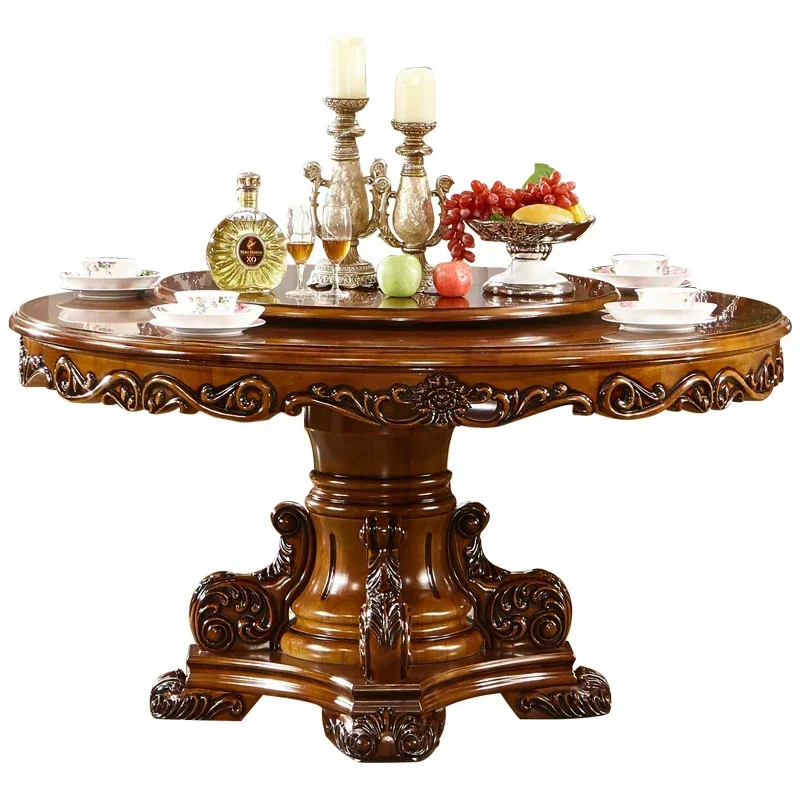 

LEuropean round table all solid wood American retro dining table household electric hot pot table