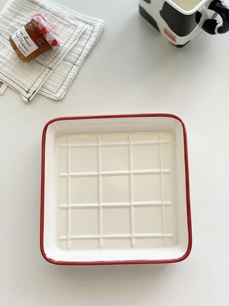 

Vintage Square Grid Dessert Plate - Ceramic Baking and Exquisite Tea Tray for Snack, Fruit, Pastrie - Perfect Serving Accessory