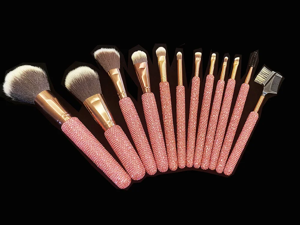 12Pcs/set Diamond-studded Makeup Brushes Gems Makeup Beauty Tools Full Diamond Loose Powder Foundation Concealer Brush Bling