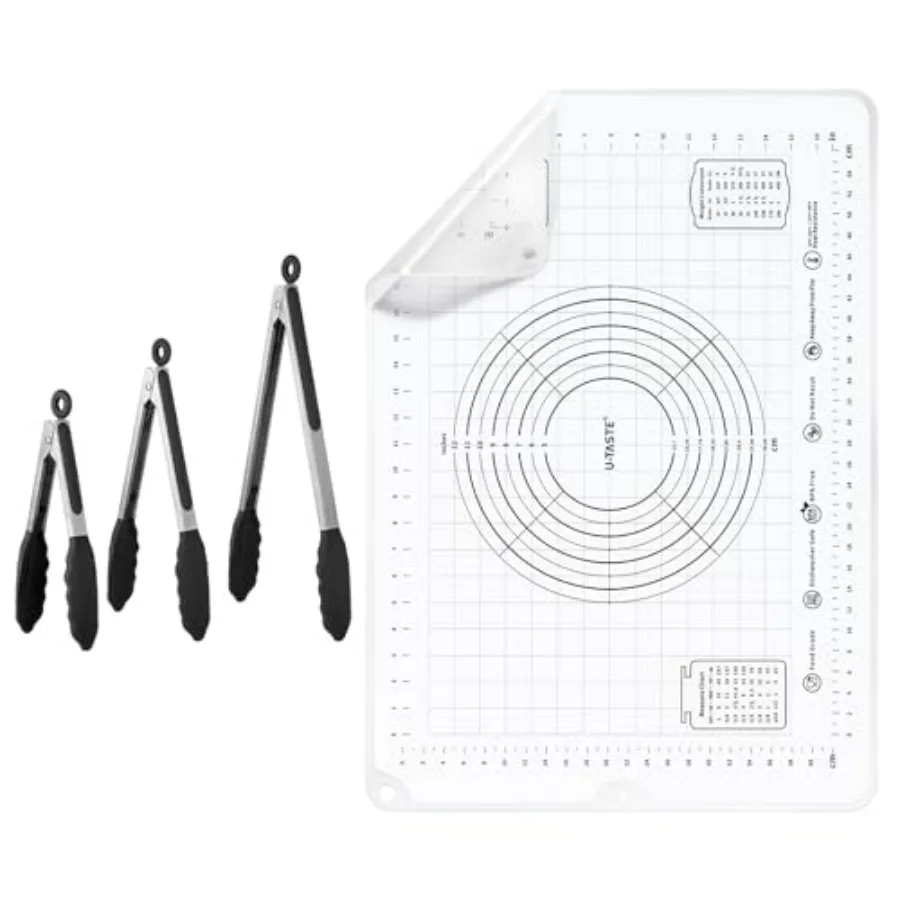 

600 ℉ Термостойкие пищевые антипригарные твердые щипцы для приготовления пищи, набор из 3 (черных), и большой силиконовый коврик для кондитерских изделий 20 x 28 дюймов, пищевой продукт