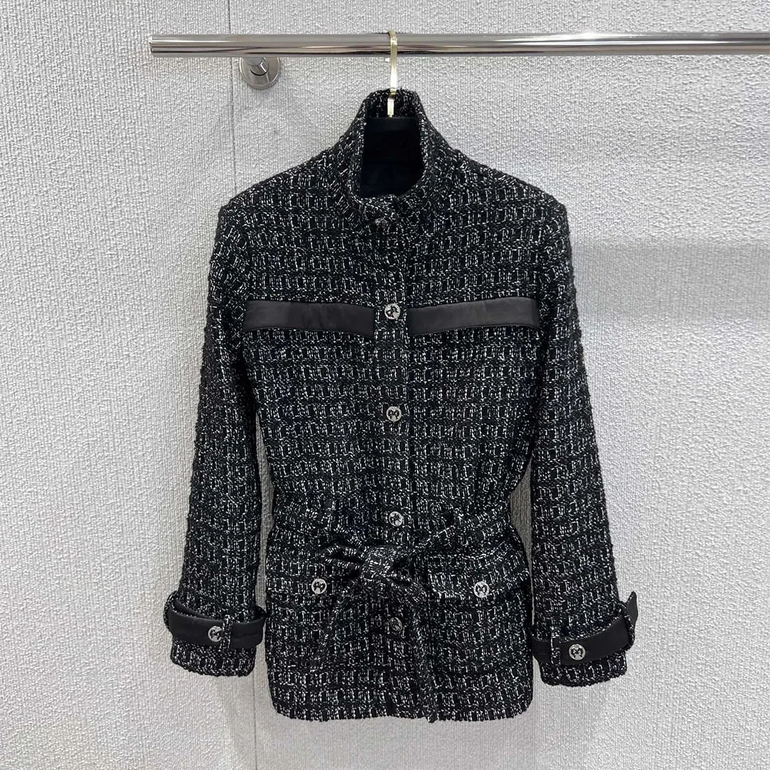 

New Fashion Fall Winter Black Plaid Woven Long Tweed Jacket Women Stand Collar Single Breasted Slim Belt Pockets Vintage Coat