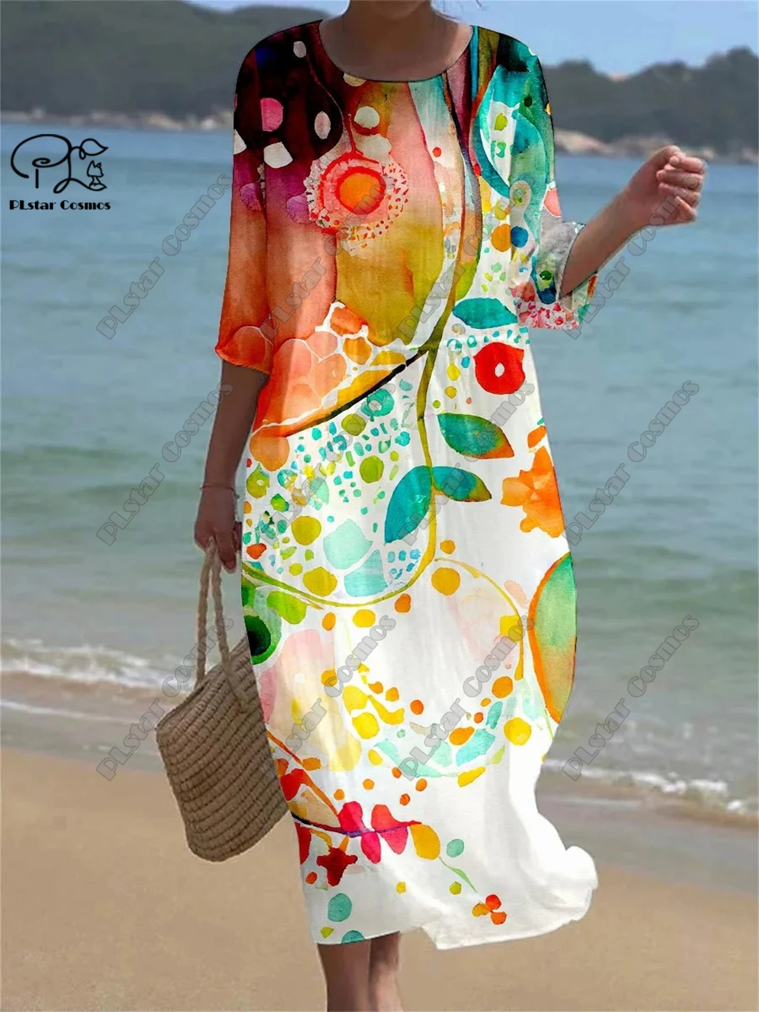 Plstar cosmos 3d impresso vintage floral feminino manga midi em torno do pescoço vestido verão casual estilo resort harajuku rua series11