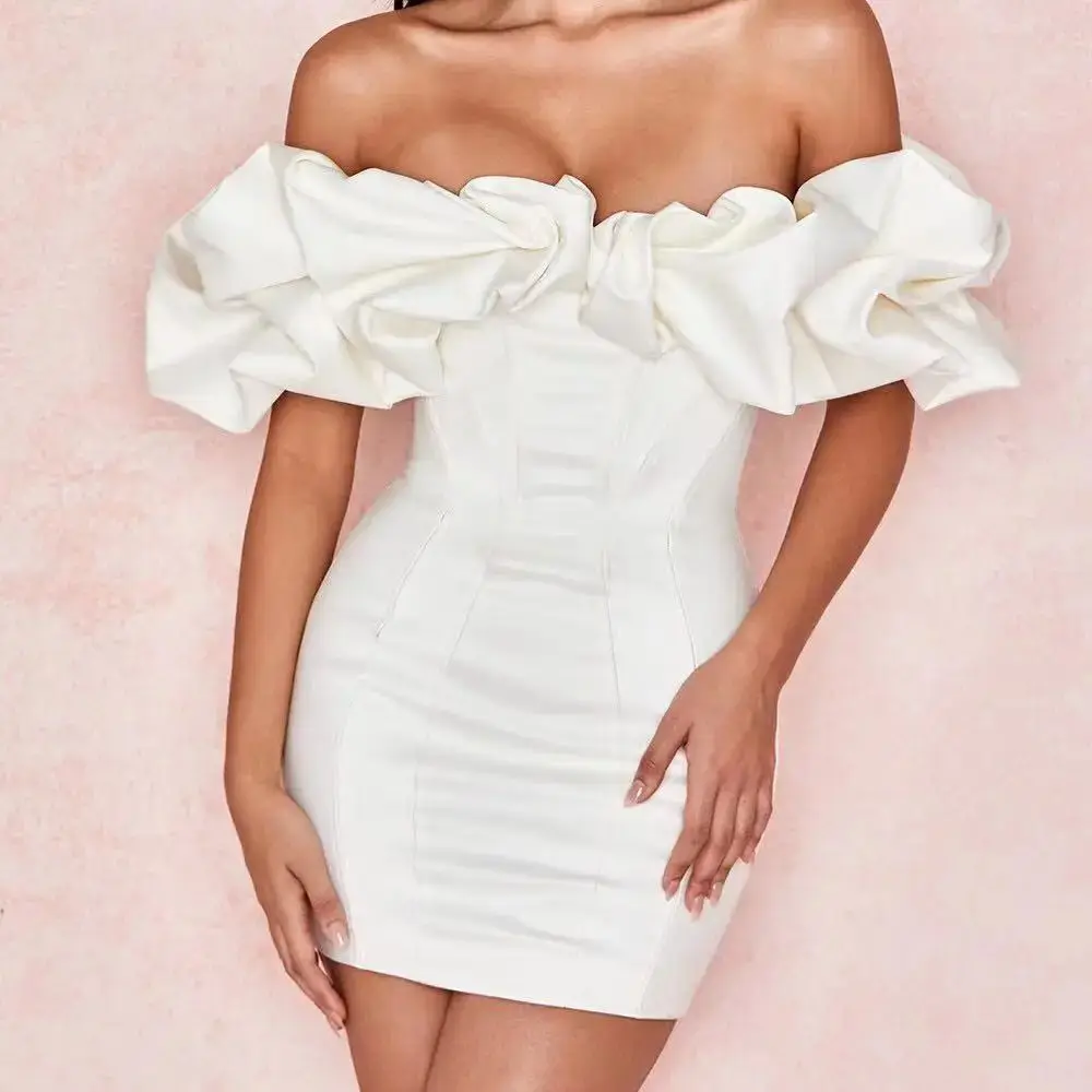 Summer Fashion Women Sexy Camis Mini Dress Solid Puffed Neck Short Dresses Silm Off Shoulder Shirt Coquette Casual Y2k Clothes