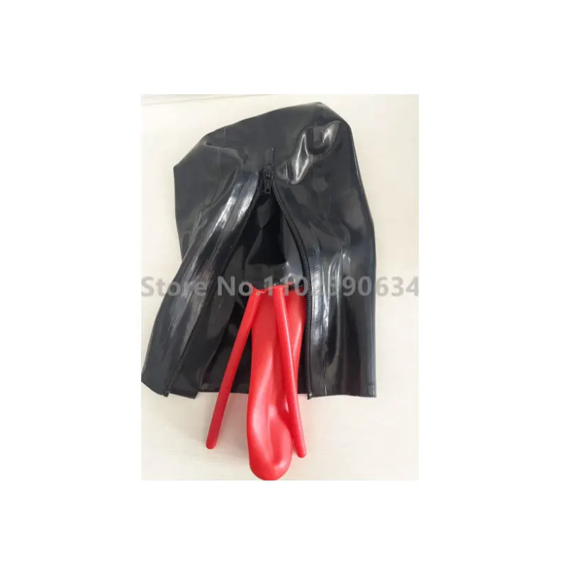 Sexy Handmade Transparent Latex Fetish Hood Mask with Red Mouth Long NoseTube Back Zipper