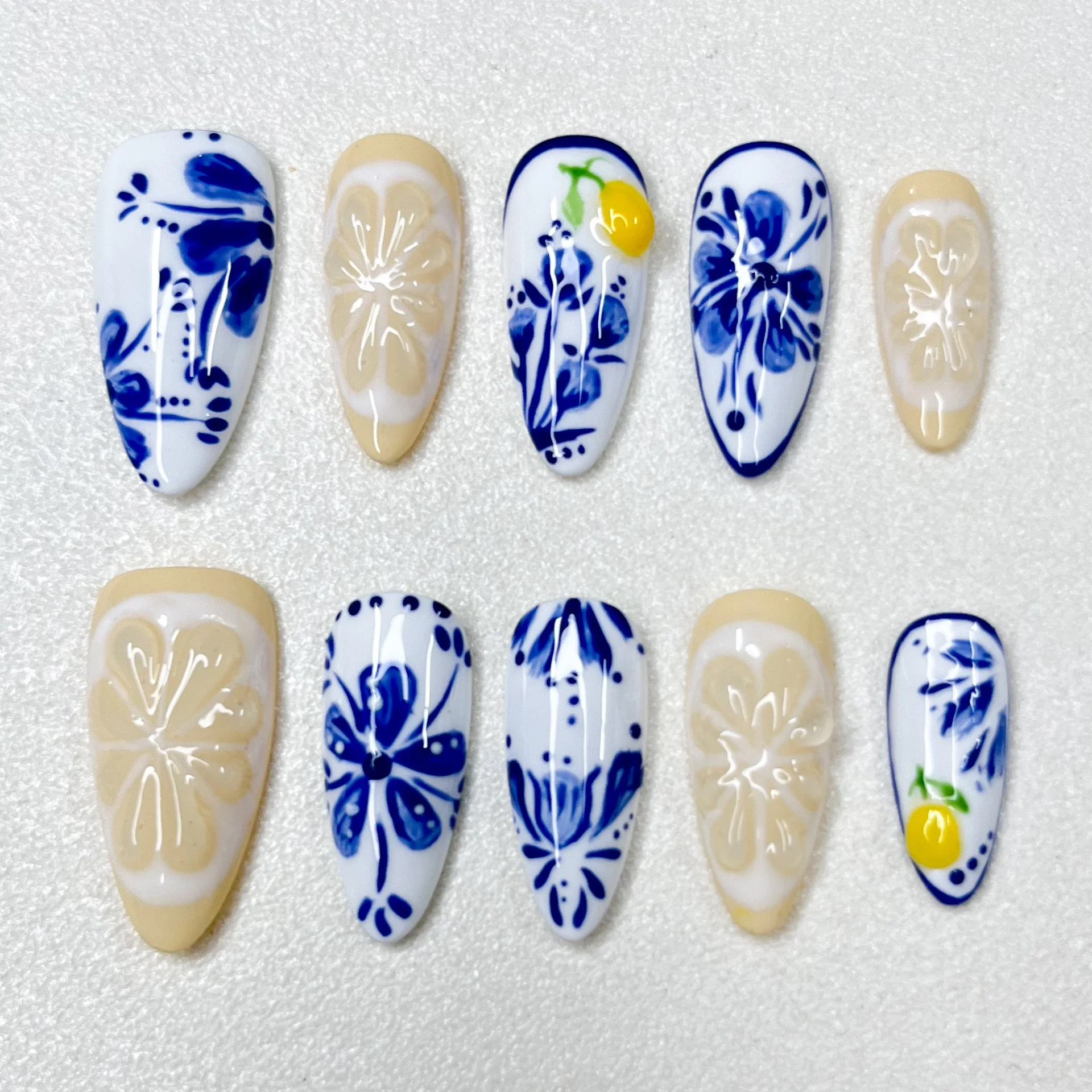 Blue and White Flower Hand-painted Series Nail Art Fake Nail Press on Nails 3D Relief Almond Length High-end Nail Ornament