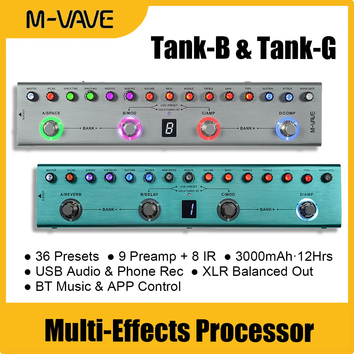 M-VAVE TANK-B & TANK-G Bass/Guitar FX Processor - 36 Presets, 9 Preamp, 8 IR Slots, USB Audio, 12Hrs Battery, 2 SKUs