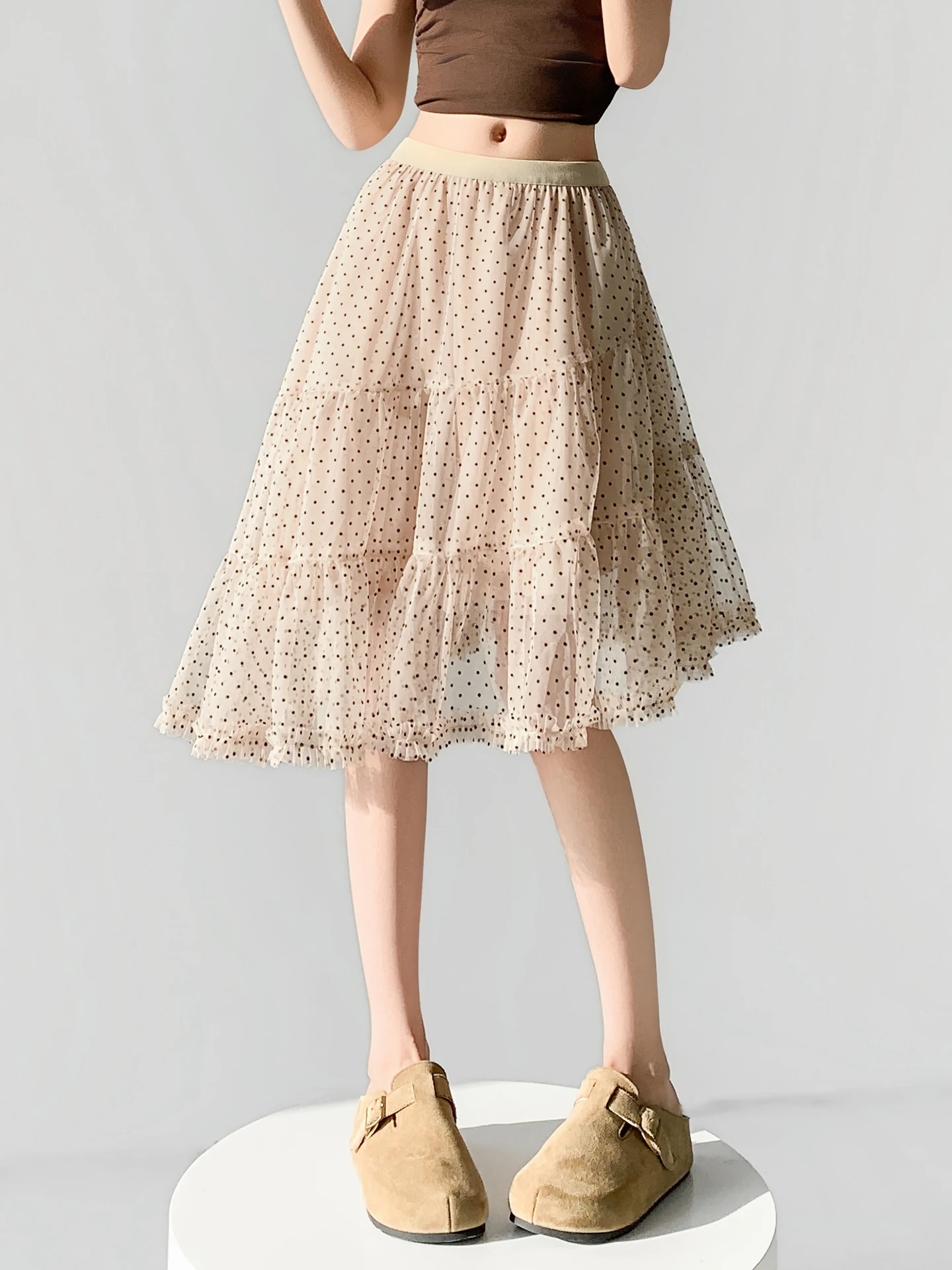 

Ретро-юбка в горошек с высокой талией, А-силуэт, средней длины, женская, с цветочным кружевом, повседневная, дышащая, приятная к телу