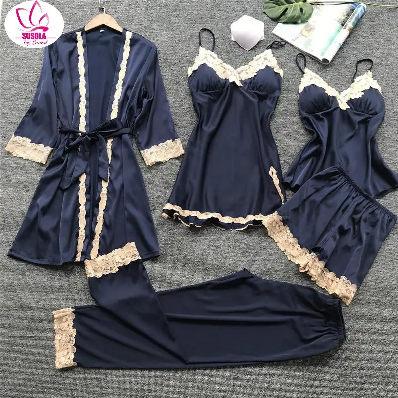 

SUSOLA Summer New Thin Section 5 Pcs Women Pajama Set Lace Sexy With Chest Pad Spaghetti Strap Sleepwear