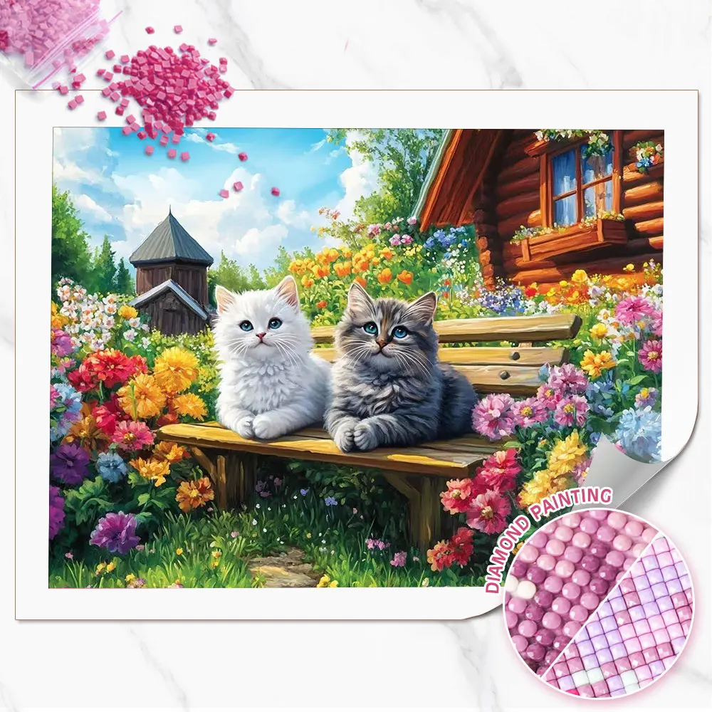 Huacan 5D DIY Diamond Painting Two Kittens House Garden Diamond Mosaic Animal New Collection Picture Of Rhinestones Holiday Gift