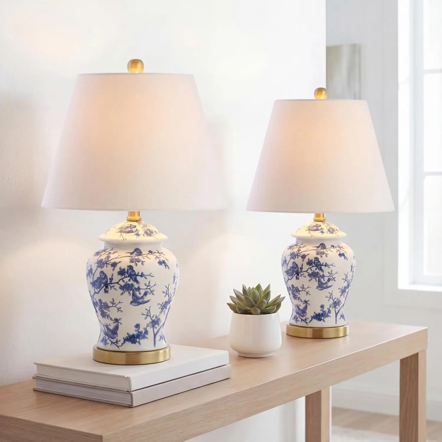 Set of 2 Blue/White Chinoiserie Table Lamps, 22" Traditional Design for Bedroom, Living Room, Office