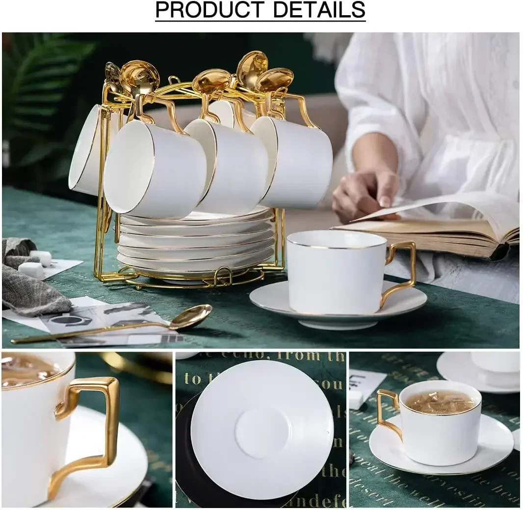 Tea Cups and Saucers Set of 6, Tea Cup Set with Gold Trim, Porcelain Coffee Cups with Saucers and Spoons, Espresso