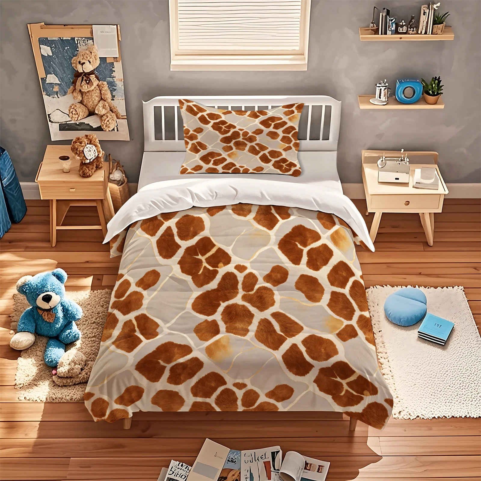 Giraffe Hide Fur Print Duvet Cover Set Golden Line Western Rustic Bedding Soft Microfiber Quilt Cover with Zipper Corner Ties