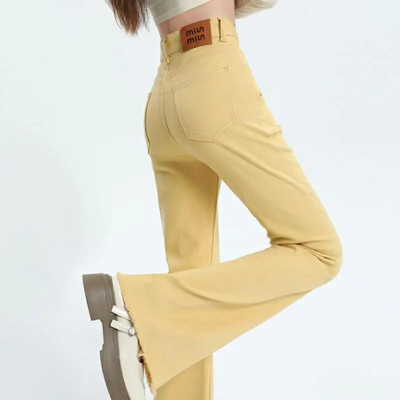 High Waisted Slimming Colored Fringed Flared Pants Autumn Spring Pink Yellow Beige Denim Jeans Female High Quality Brand Sexy