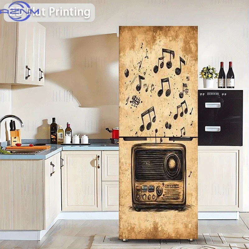 of Refrigerator Sticker Measuring 60X180 Cm Featuring a Vintage Radio And Musical Notes, Self-Adhesive Wall Decor Suitable for