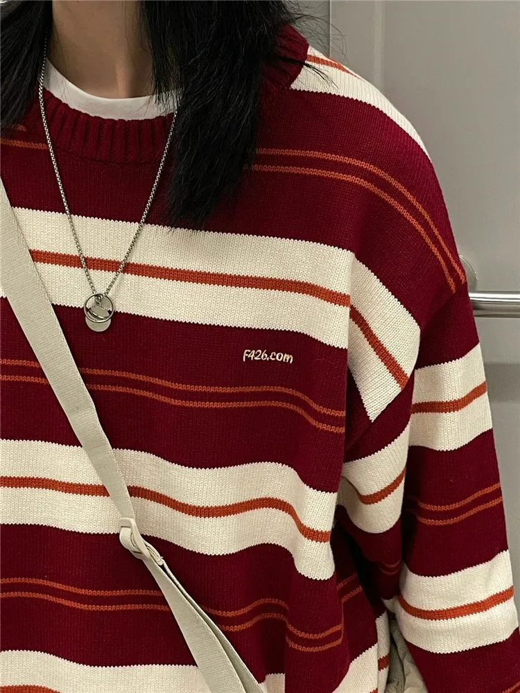 New Women Stripe Sweater Autumn Winter Loose Long Sleeve Pullover Tops Korean Ladies Knitted Patchwork Korean Sweaters