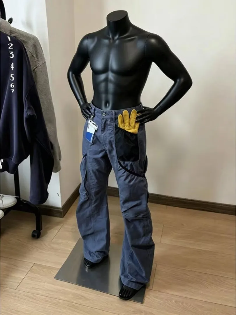 Men's Workwear Style Blue Denim Cross Multi-Pocket Bent Knife Design Gardener Pants American Retro Straight Leg Jeans