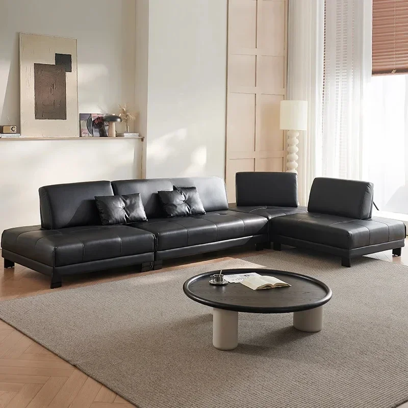 

French leather sofa retro minimalist adjustable backrest large sitting deep armrest leather sofa