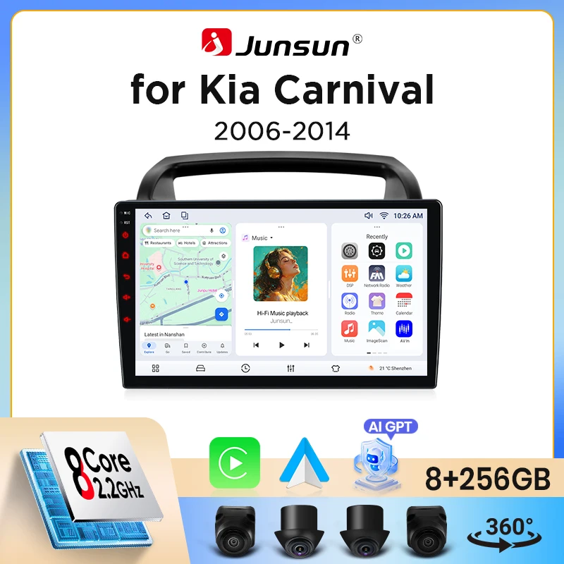 Junsun Wireless CarPlay Android Auto Autoradio für Kia Carnival / Sedona Mk2 (VQ) 2006-2014 mit eingebautem Lüfter, Android GPS-Navigation, Multimedia-Player, WiFi, DSP, RDS, BT, SWC, IPS-Touchscreen,