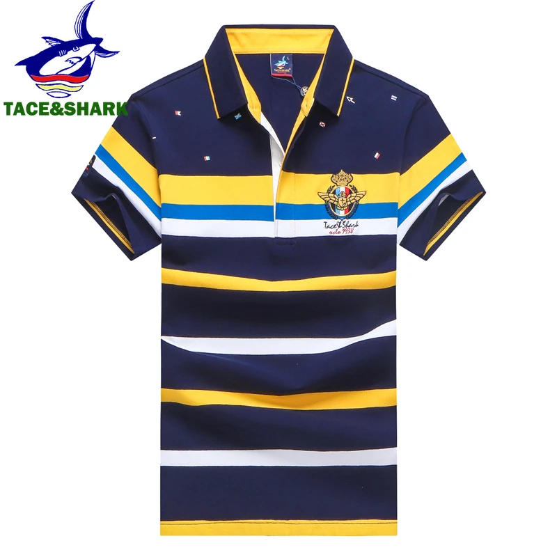 TACE&SHARK Fashion Stripe Shark Embroidery Polo Shirt Summer Men Business Shark Polos Tops Mens Casual Slim Fit Clothing