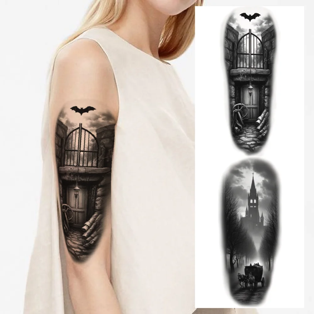 

3pcs Temporary Tattoo Black And Grey Realism Ornate Gate Gothic Tower Hourglass With Snake For Women Arms Thighs