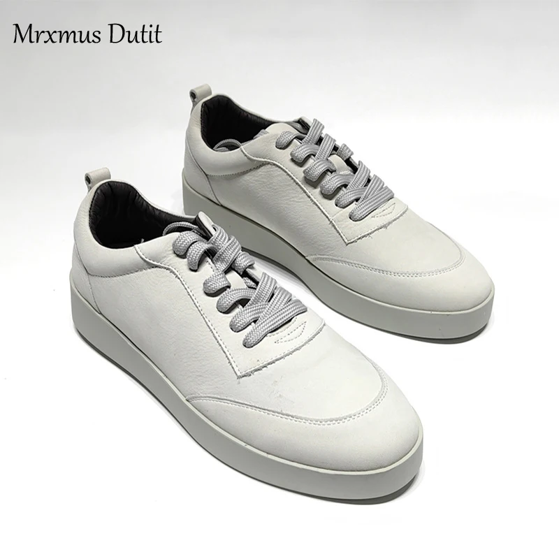 Mrxmus 2024 Spring Summer New Men Genuine Leather Lacing Thick Sole Flat Sneaker Solid Simple Casual Versatile Shoes Male Chic