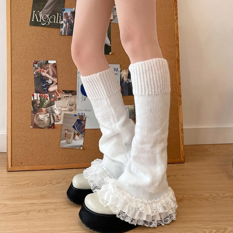 

Girls Lolitas Frilly Leg Warmers Y2K Knitted Flared Leg Sleeves Goth Baggy Cuff Ankle Heap Socks JK Uniform Foot Cover