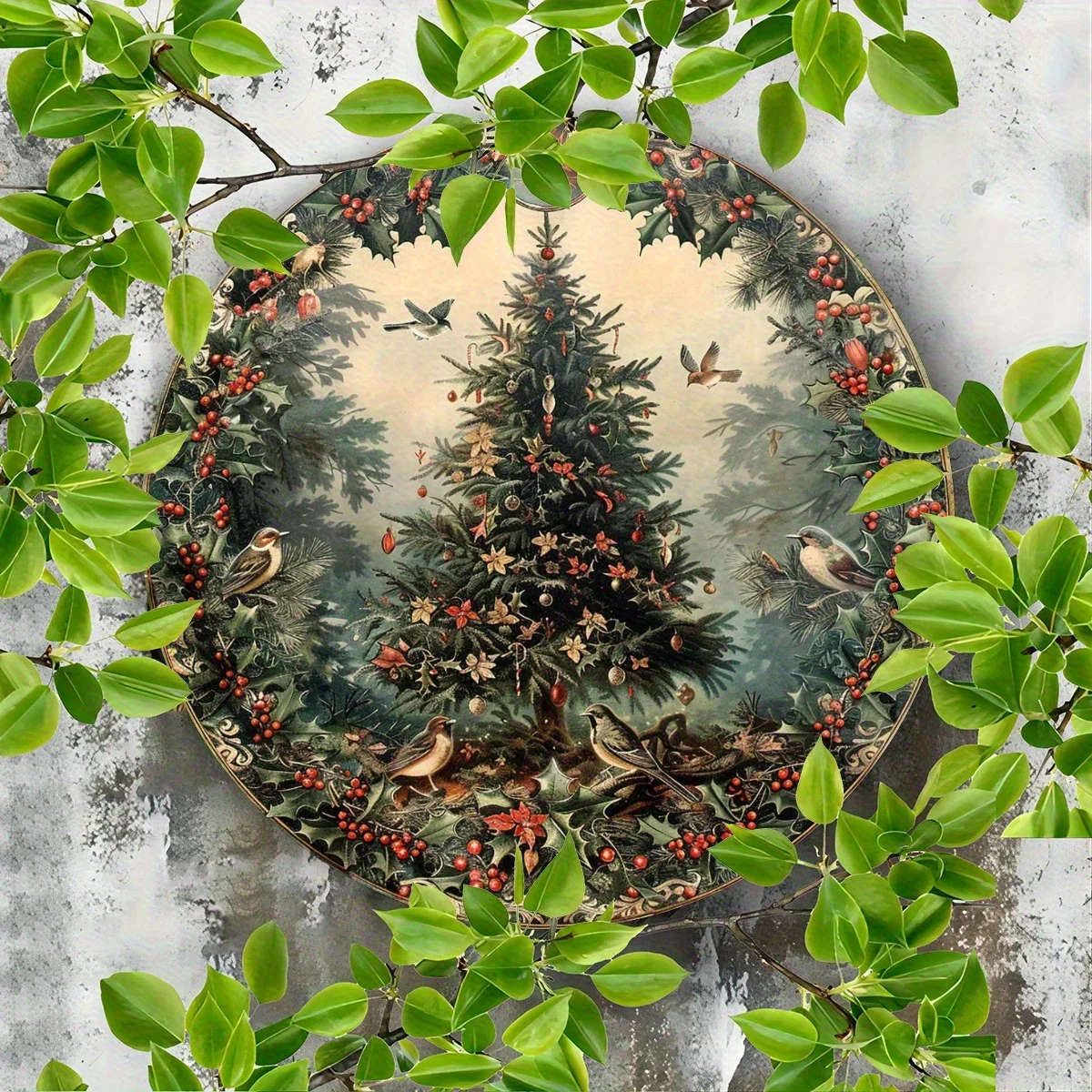 1pc Vintage Round Aluminum Wall Sign - Christmas Tree Symphony with Birds, 8