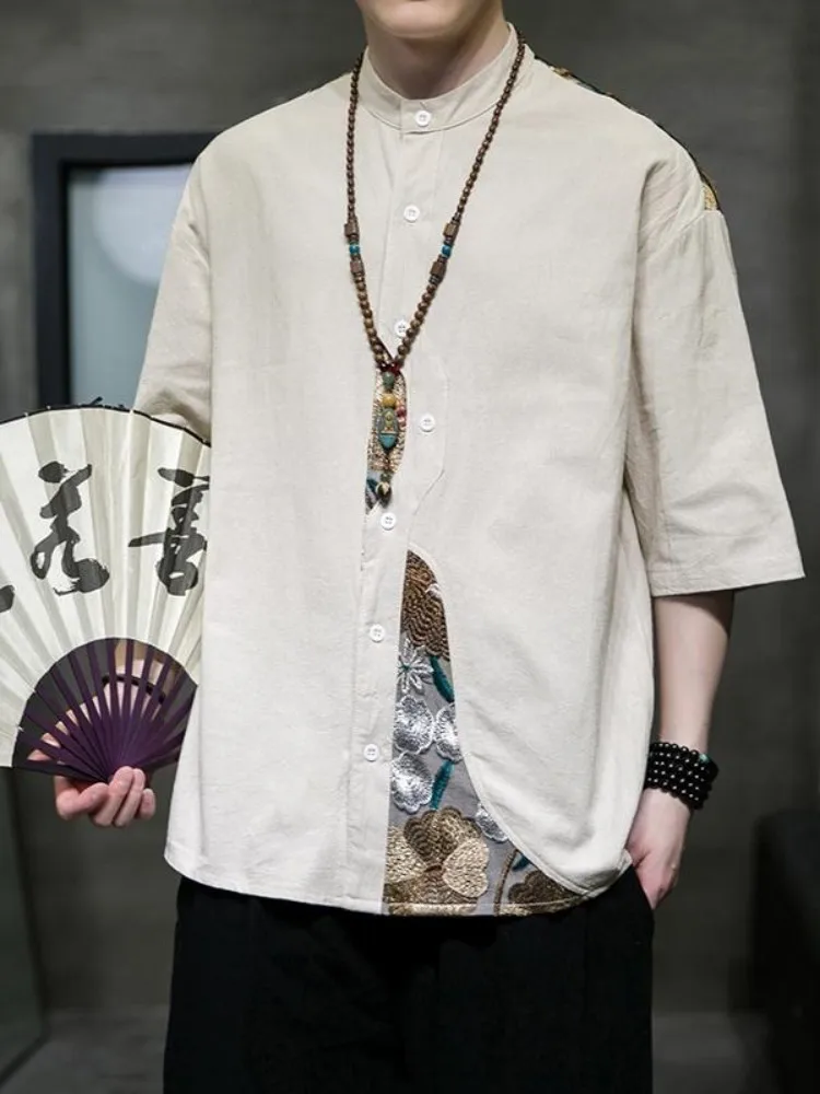 

Новая мужская летняя рубашка в китайском стиле из льна и хлопка с пэчворком, с коротким рукавом, в стиле танского костюма, не требующая глажки