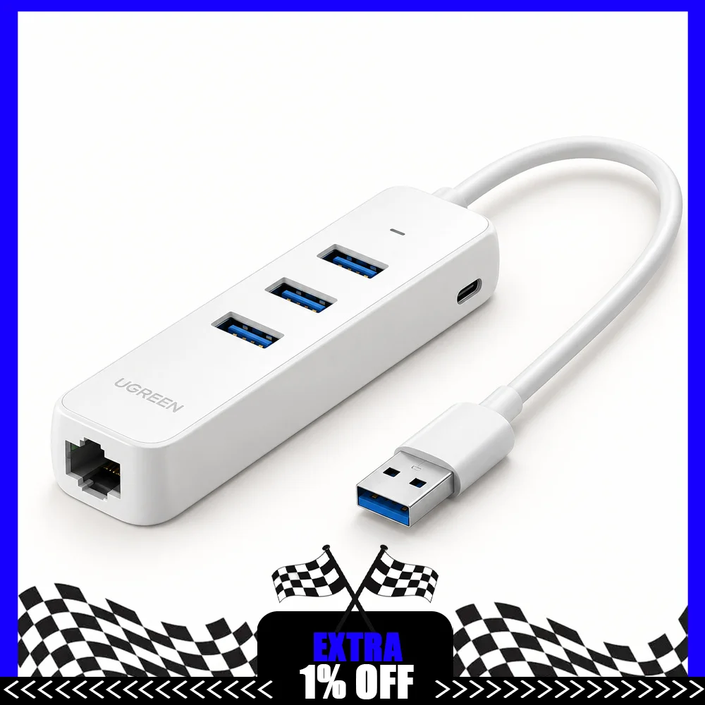 UGREEN CM416 50618 White USB-A 3.0 Hub with 100Mbps Ethernet, 3 USB 3.0 Data Ports and USB-C Power Input