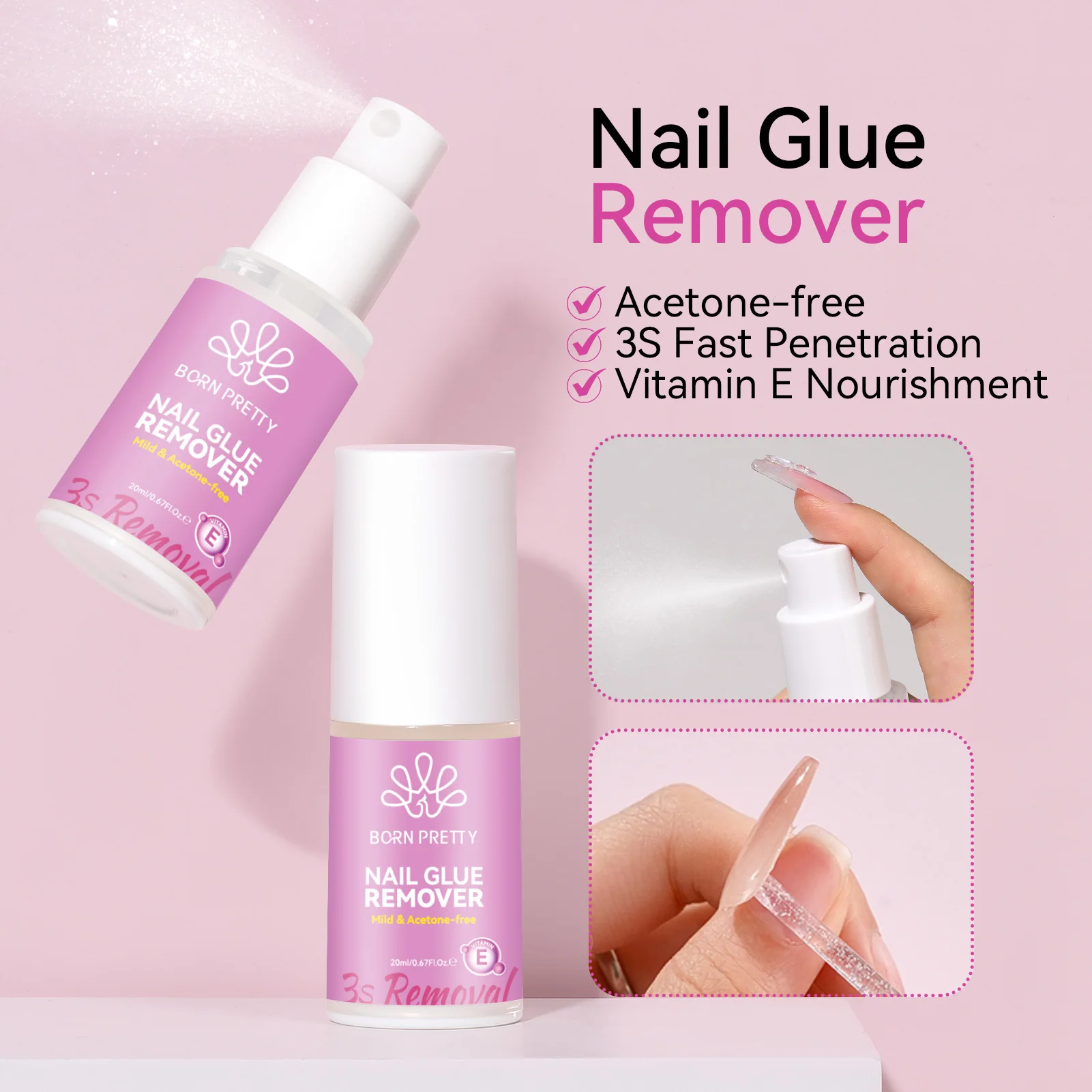 BORN PRETTY 7ml Nail Tips Glue 20ml Nail Glue Remover For False Nail 5S Fast Air Dry Odorless Formula Acetone-Free Easily Remove