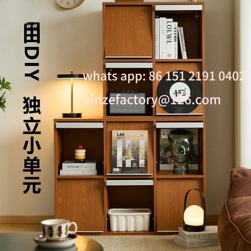 خزانة كتب من الخشب الصلب قابلة للتخصيص، خزانة منخفضة، خزانة شبكية من خشب البقس القديم الأوسط، جانب تخزين غرفة المعيشة، كاليفورنيا