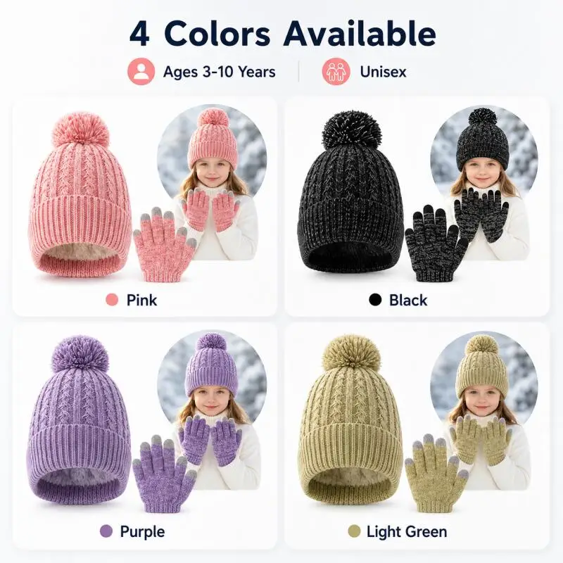 Kids Winter Knit Hat Touchscreen Gloves Set Fleece Line Warm Pom Beanie Elastic Soft Outdoor Snow Ski Cap Gloves Accessory 3-10Y - view 4