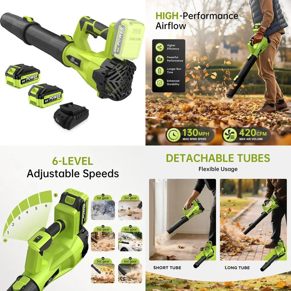 

Беспроводная электрическая воздуходувка для листьев 21 В с 2 аккумуляторами и быстрым зарядным устройством, 6 скоростей, легкая для удаления двора, патио и снега