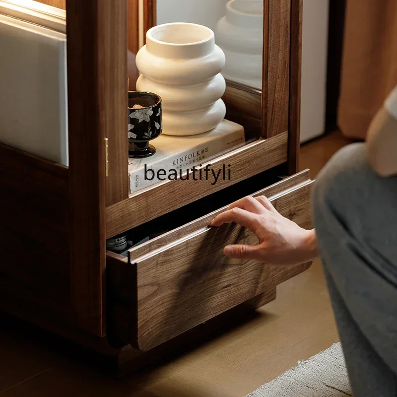 yj21 Black walnut all solid wood TV side cabinet living room sofa low cabinet storage storage chest cabinet