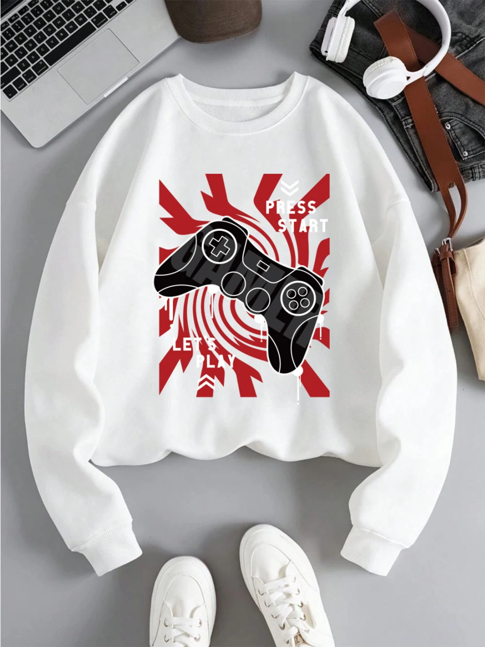 Gamepad Sweatshirts Women Press Start Let'S Play Prints Hoodies Fleece Warm Crewneck Loose Pullover Winter Sporty Female Tops