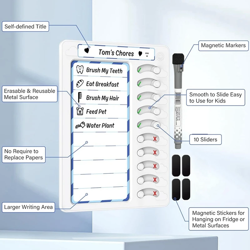 Tableau de tâches effaçable à sec pour enfants, liste de tâches, liste de tâches, réfrigérateur avec 10 curseurs, durable, 2 paquets