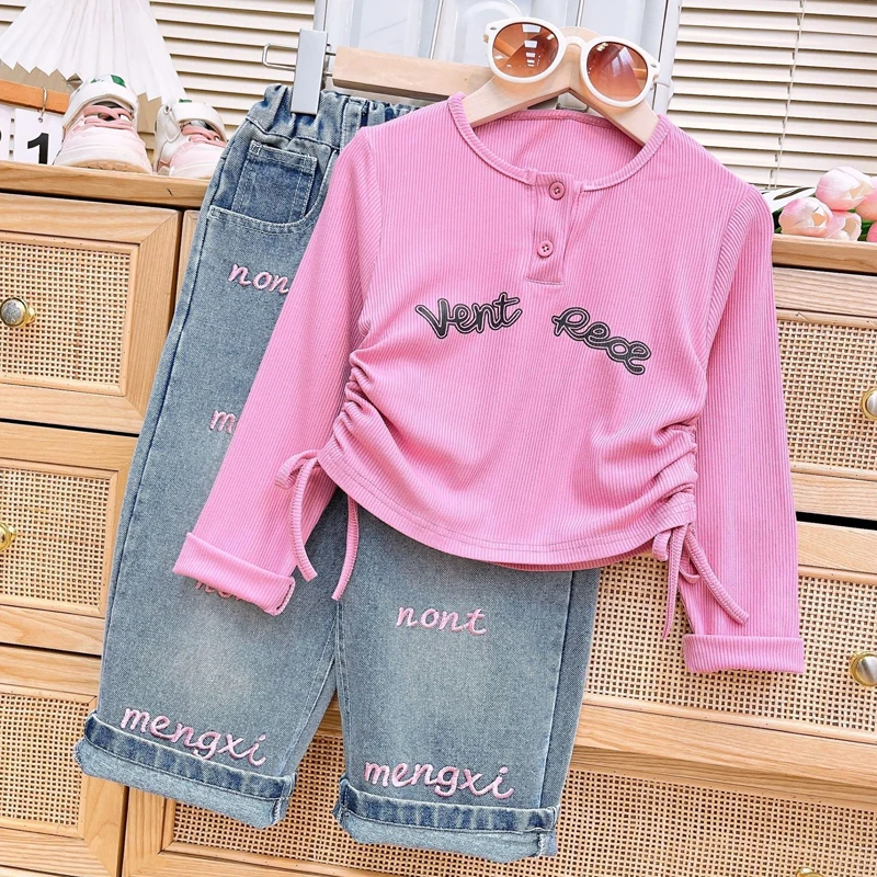 2024 Autumn Spring New Girls Clothing Set Draw Rope Long Sleeve Shirt+Letter Print Jeans 2Pcs Suit For 3-8 Years Fashion Outfits image 2