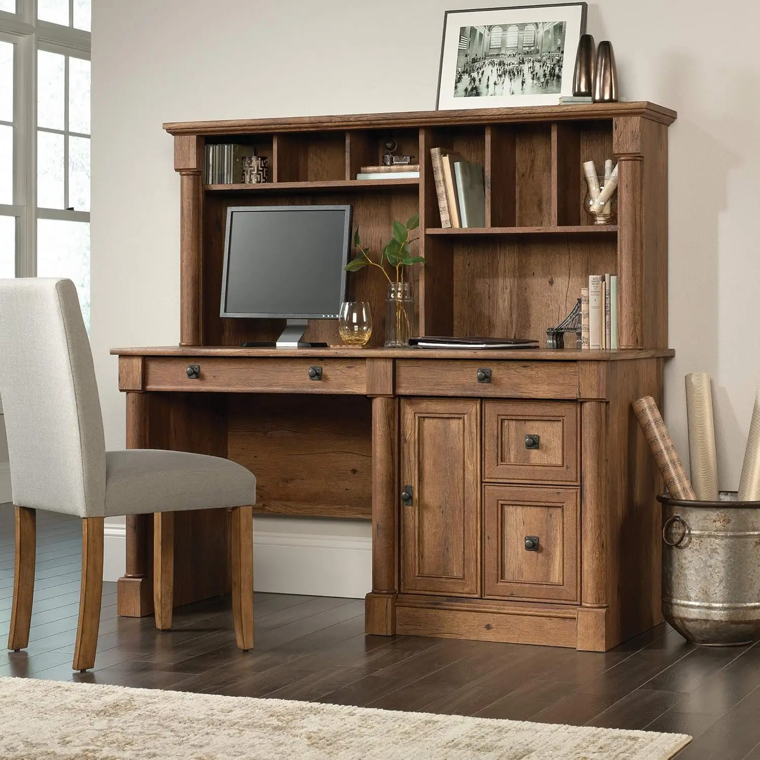 Sauder Palladia Computer Desk With Hutch, Home Office Desk With Drawers, File Cabinet Storage Drawer, Cable Management,