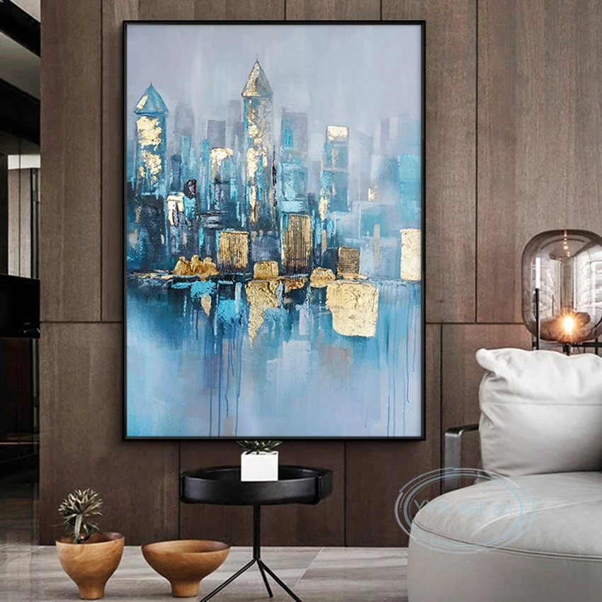 

Wall Art Canvas Oil Painting Custom Hand Drawn Abstract Urban Modern Mural Gold Foil Acrylic Image For Living Room Bedroom Porch