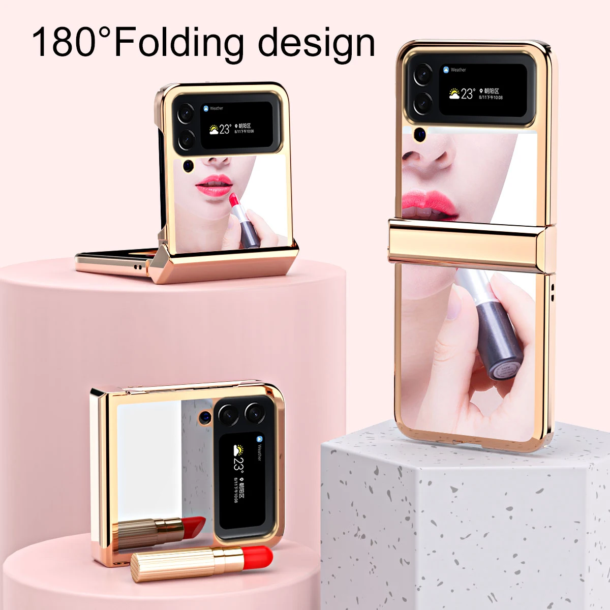 3in1 Electroplated Glossy Makeup Mirror 360 Full Cover for Samsung Galaxy Z Flip 4 Flip4 Hard Plastic Hinge Protection Back Case