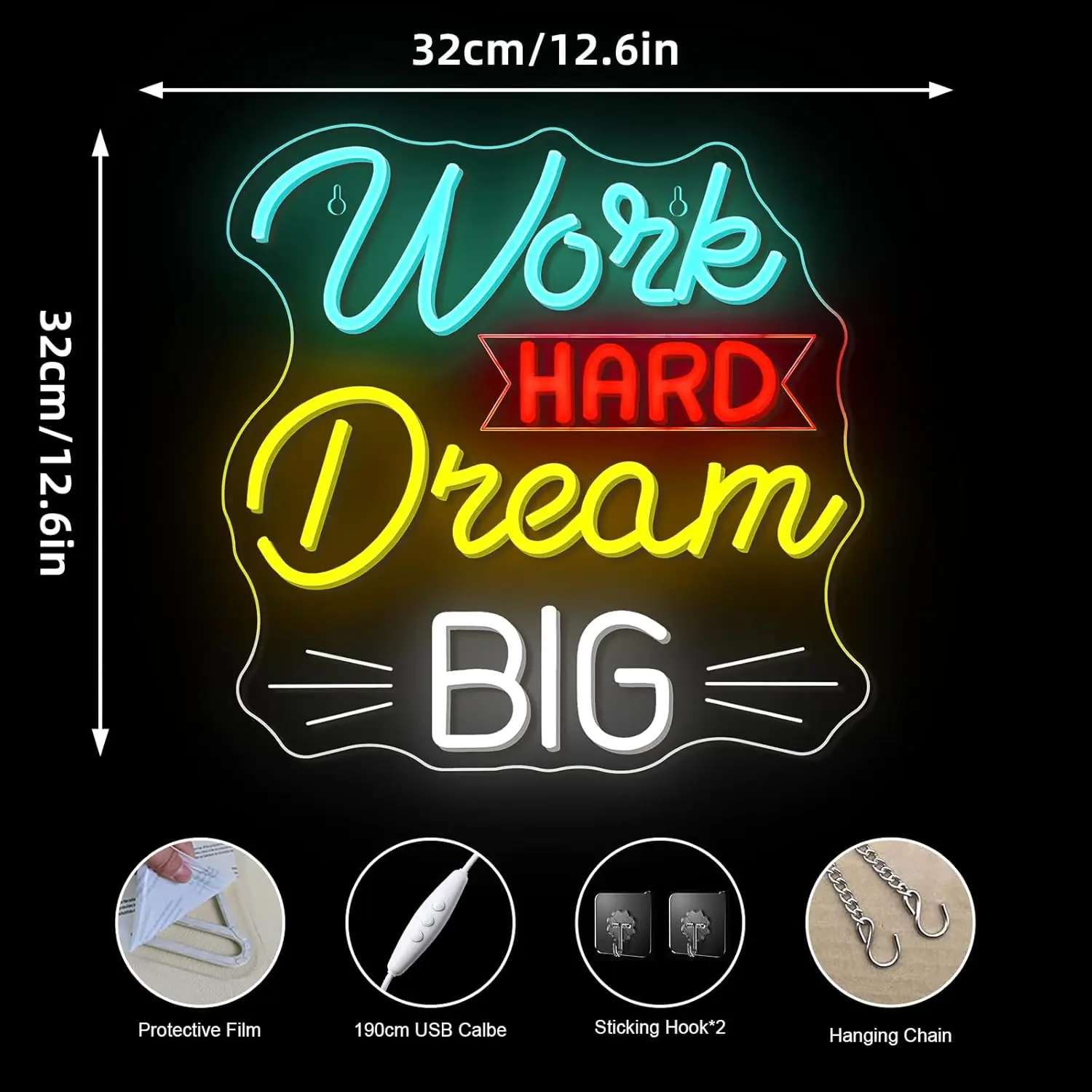 Work Hard Dream Big Neon Sign LED Neon Sign Wall Decor for Bedroom Home Bar Club Hotel Party Gift for Friend USB Power