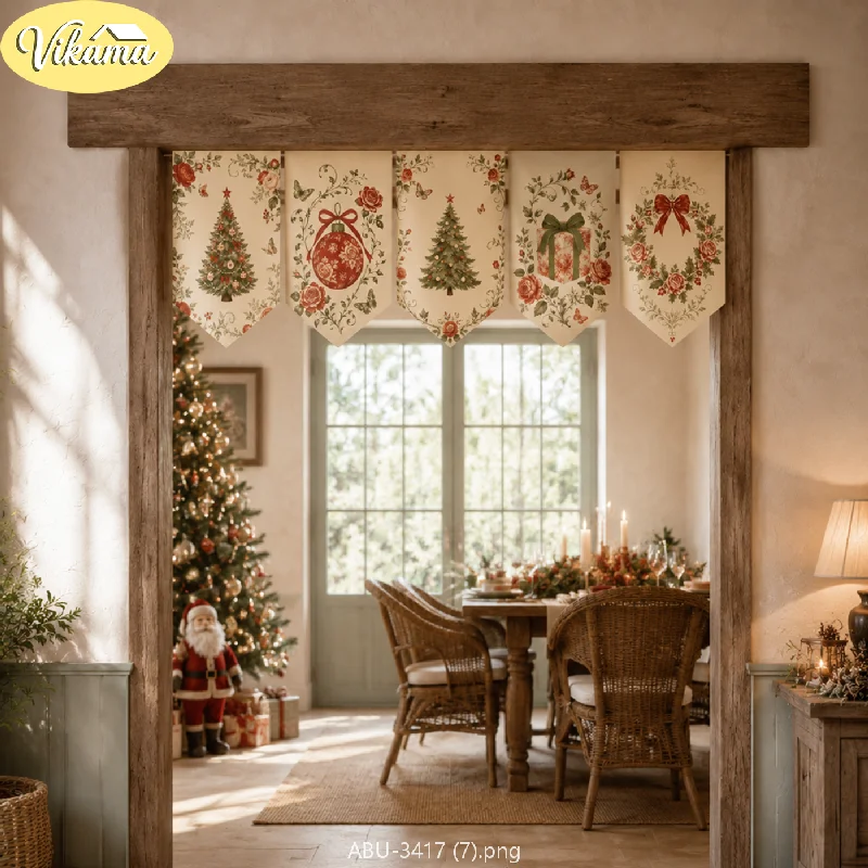 VIKAMA French Floral Christmas Tree Triangle Banners, Rose-Patterned Christmas Triangle Banner Curtain, Indoor Home Decor