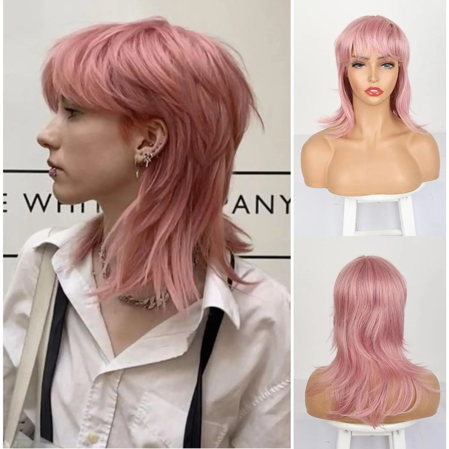 Pink Mullet Wig Suitable for Black Women Layered Straight Wolf-Shaped Wig Synthetic Cosplay Mullet Wig, Suitable for Women