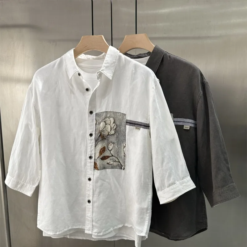 

2025 Summer Trendy Brand Interface Bag Printed Quarter Sleeve Shirt for Men Thin Breathable Casual and Versatile Trendy Shirt