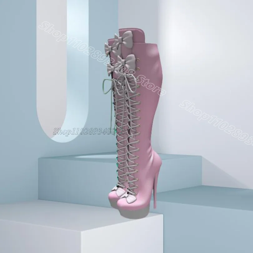 

Pink Bowknot Decor Lace up Boots Platform Stiletto Punk Style Design Women Casual Party Spring Boots 2025 Zapatos Para Mujere