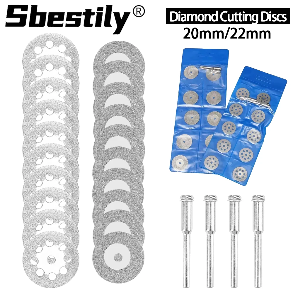 10pcs 20mm/22mm Mini Sharp Diamond Cutting Disc Wheel With 2pcs 3mm Mandrels For Rotary Tool Cutting Disc DIY Tool Accessories