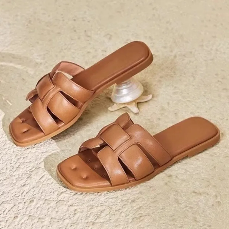 

Retro Square Head Flat Shoes Concise Daily Versatile Beach Slippers Fashion Solid Color Peep Toe Ladies Sandals