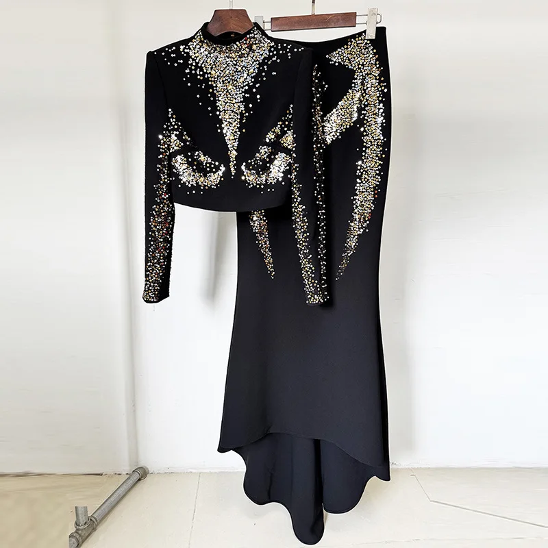 Shiny Sequins Black Prom Dress Sexy 2 Pcs Skirt Set Full Sleeves Top+Midi Party Gown Formal Wedding Guest Birthday Evening Robe