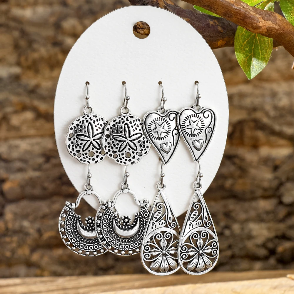 جديد خمر العرقية نمط البوهيمي العتيقة الفضة هندسية أقراط رائعة وفريدة من نوعها الأقراط ارتداء اليومي هدايا عطلة العمل